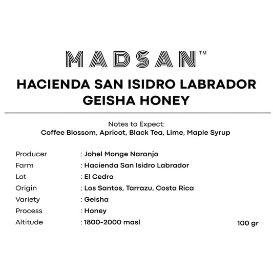Costa Rica Hacienda San Isidro Labrador Geisha Honey (Cup of Excellence Winning Farm)